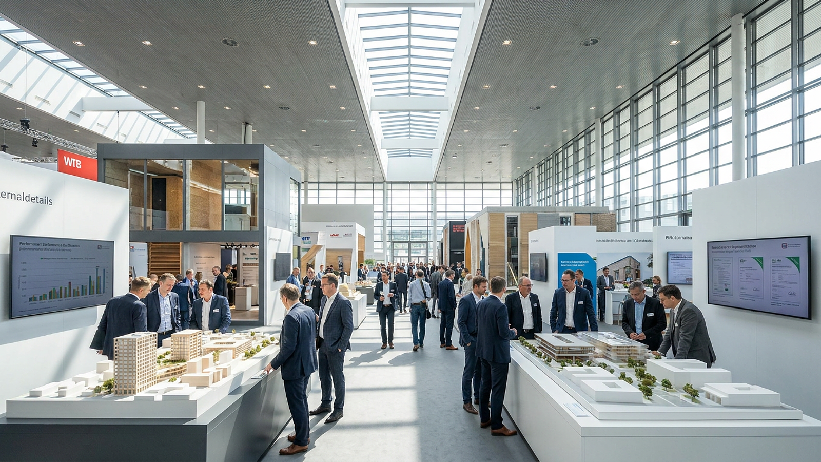 A wide view of a dimly lit exhibition hall with large-scale architectural prototypes under focused gantry lighting.