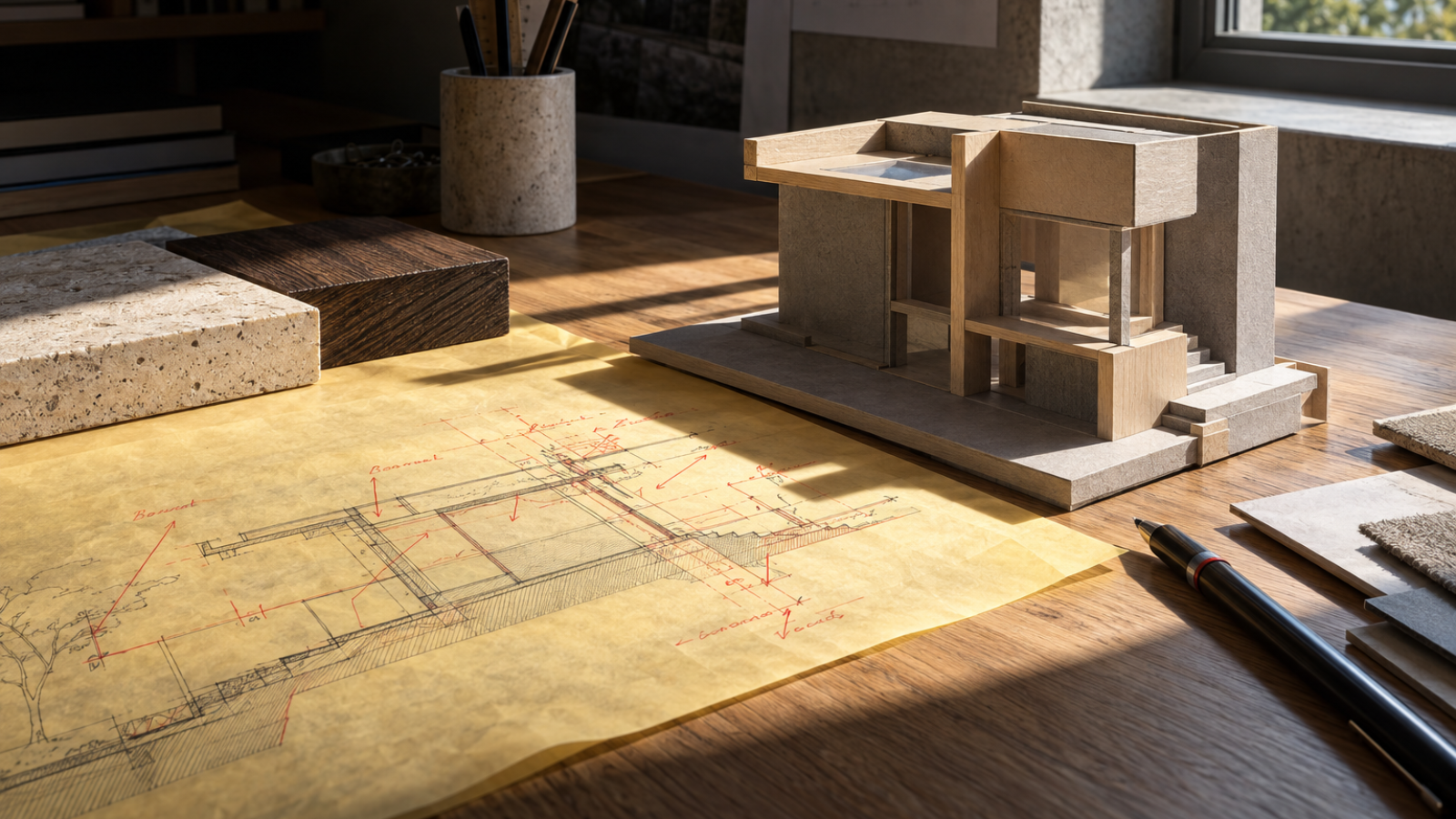 A close-up view of an architect's wooden worktable with a large physical site model made of pale lime wood and grey card, surrounded by annotated section drawings and stone material samples.