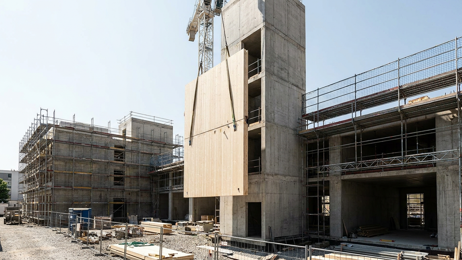 A wide shot of a construction site showing a hybrid structure with concrete cores and pre-fabricated timber wall panels being hoisted into place under bright afternoon sun.